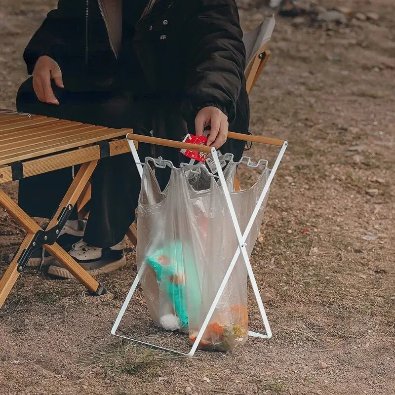 MOUNTAINHIKER Outdoor Camping Portable Storage Rack Plastic Garbage Bag Rack Household Folding Kitchen Sundries Wooden Handle B